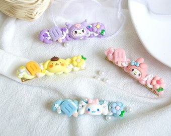 Pinza para el pelo hecha a mano de Sanrio: regalo kawaii para niñas y niños. Pinza de cocodrilo de resina con dibujos animados, accesorio color crema, diseño colorido.