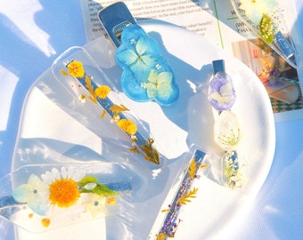 Pinza para el cabello de resina transparente hecha a mano con decoración de flores y perlas reales, accesorios florales para el cabello, pasador de joyería de resina, regalo para ella