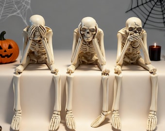 Decoración de esqueleto de calavera espeluznante para Halloween, estatua de "no ver, no oír, no hablar" para estante, accesorio único para fiestas en casa y regalo de mesa.