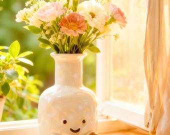 Jarrón de cerámica con carita sonriente, lindo adorno para el hogar y centro de mesa, maceta con carita feliz, florero kawaii. Adorable maceta de regalo para ella