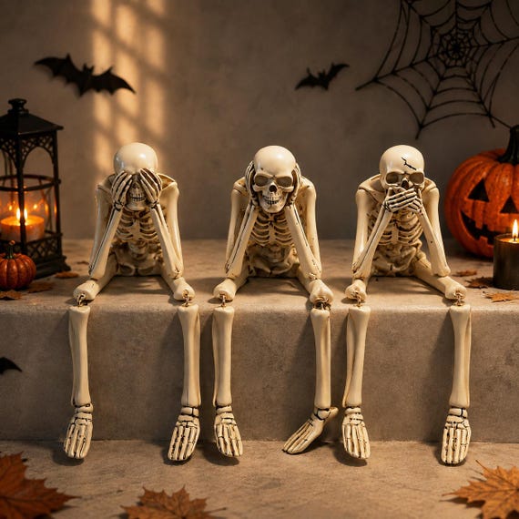 Spooky Skull Halloween Skeleton Decor, See No Evil, Hear No Evil, Speak No Evil Statue Shelf Sitter, Unique House Party Prop & Tabletop Gift