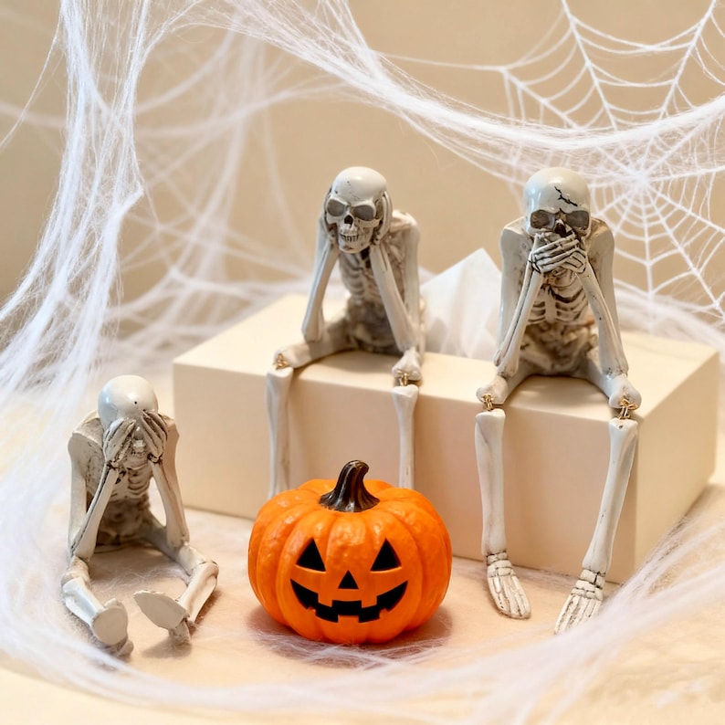 May include: Three off-white skeleton figurines in the see-no-evil, hear-no-evil, and speak-no-evil poses. Two skeletons sit on a rectangular beige box, while one sits below. A bright orange jack-o'-lantern with a black carved face sits in front.