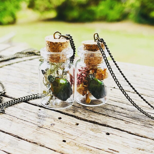 REAL June Bug Necklaces in Found Object Charms with Dried Floral