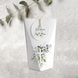 Caixa de confetes com cartão redondo para lembrança de comunhão personalizada.