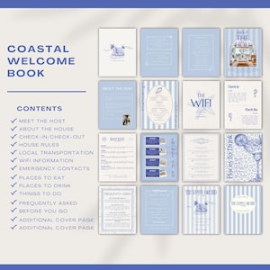 May include: A coastal welcome book with various pages, including "Meet the Host," "House Rules," and "Places to Drink." The design features a blue and white color scheme with illustrations and text. The book's contents are listed on the left side.