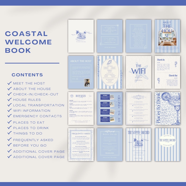 May include: A coastal welcome book with various pages, including "Meet the Host," "House Rules," and "Places to Drink." The design features a blue and white color scheme with illustrations and text. The book's contents are listed on the left side.