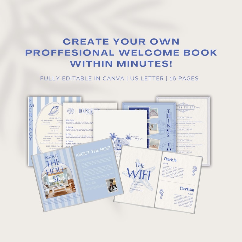 May include: A collection of light blue and white welcome book templates with various pages, including "Emergency," "About the Host," and "The Wifi." The text "Create Your Own Professional Welcome Book Within Minutes!" is displayed at the top.