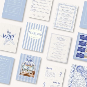 May include: A collection of light blue and white informational cards. The cards include text such as "The Wifi", "Frequently Asked", "Places to Eat", and "About the House". Some cards feature illustrations of a starfish, seahorse, and a cocktail.