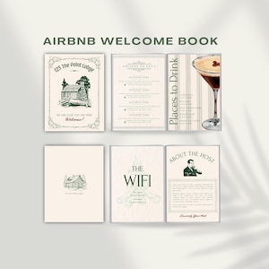 May include: An Airbnb welcome book with six pages. The cover features a cabin illustration and the text "123 The Point Lodge". Other pages include "Places to Eat", "Places to Drink", and "About the Host". The book has a vintage, rustic design.