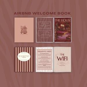Puede incluir: Un libro de bienvenida de Airbnb con una combinación de colores granate y crema. El libro incluye secciones tituladas "The House About", "Frequently Asked" y "The Wifi". La portada presenta el texto "Airbnb Welcome Book".