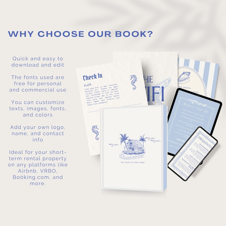May include: A collection of white and blue stationery items, including a book, cards, and digital tablets. The book features a blue illustration of a beach house. The text "WHY CHOOSE OUR BOOK?" is at the top, with additional text describing the product's features.