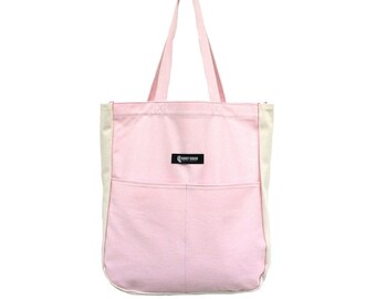 Pink & Ivory Cotton Canvas Tote Bag, Eco-Friendly Shoulder Bag