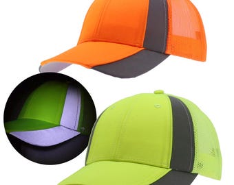 Neon Reflective High Visibility Piping Neon Polyester Twill Mesh Structured Trucker Baseball Cap