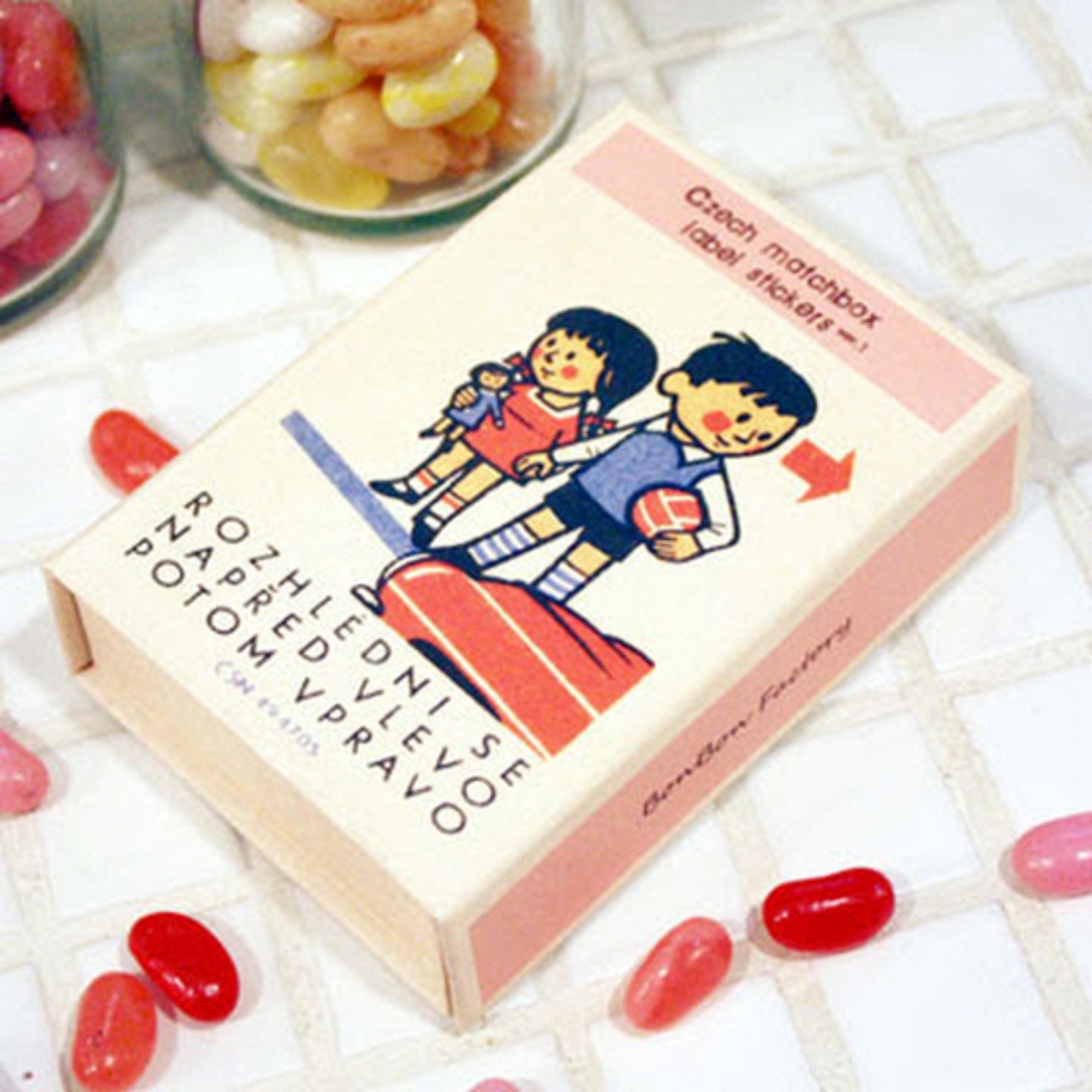 Czech Matchbox Label Stickers, 134 pcs, Vintage Style 1940's and 50's, Decorative box with magnetic closure