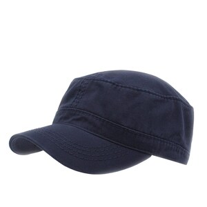 May include: A solid navy blue military-style cadet cap featuring a flat top, a structured crown, and a curved brim with visible tonal stitching. The cap is constructed from a durable fabric with a clean, uniform finish throughout the design.