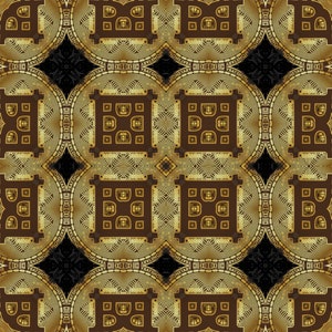 May include: A seamless pattern with a repeating design of gold and brown squares and circles. The pattern is intricate and detailed, with a geometric design.