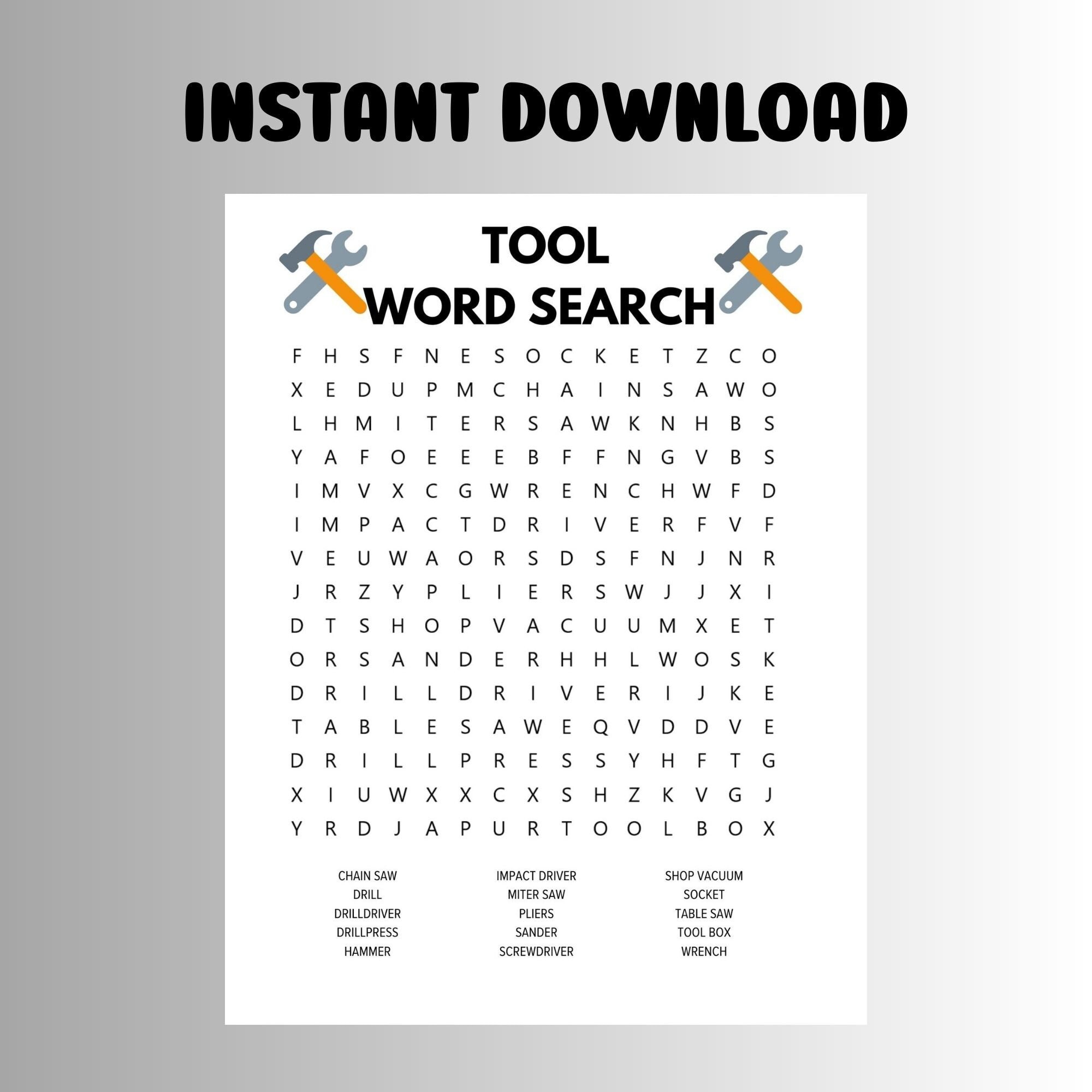 Tool Word Search, Word Search Printable, Tool Lover Word Search, Word