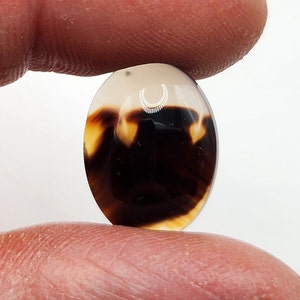 Könnte beinhalten: Ovaler Achat-Cabochon mit braunen, schwarzen und weißen Mustern. Der Stein hat eine glatte, polierte Oberfläche.