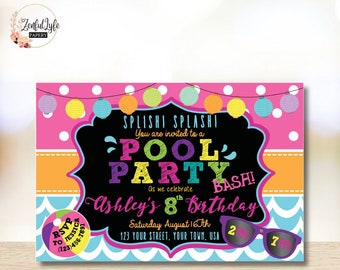 Pool Party Invitation, Custom Made Invitation, Customized Digital Design invitation, Summer Birthday, Splish Splash Pool Party Bash