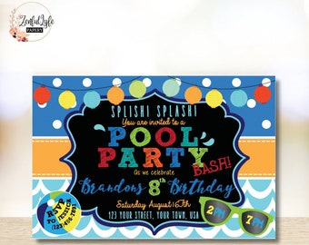 Pool Party Invitation, Custom Made Invitation, Customized Digital Design invitation, Summer Birthday, Splish Splash Pool Party Bash