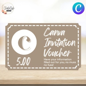 May include: A brown Canva invitation voucher with a white circle and the letter "C" in the center. The voucher is worth $5.00 and has the text "Canva Invitation Voucher" and "Have your information filled out for you, no muss no fuss!"