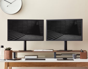 American Walnut Dual Monitor Shelf in Gadget Grey Aluminium Trim