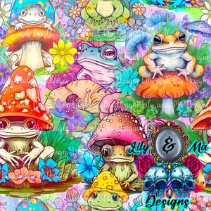 May include: A seamless pattern featuring colorful frogs sitting on mushrooms with flowers and leaves in the background. The pattern includes a mirror with a skull and crossbones design and the text "Lily & Ma Designs".