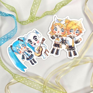 May include: A collection of colorful stickers featuring cartoon characters. One sticker shows a blue-haired girl with a microphone and a dog playing a guitar. Another sticker shows two characters in sailor outfits with yellow hair.