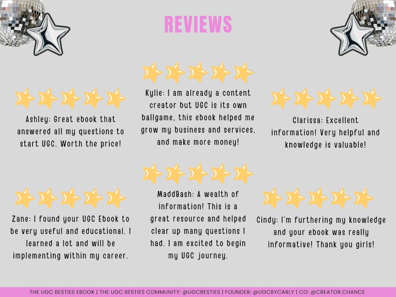 Op de afbeelding: Een collage van vijf klantrecensies voor een e-book over UGC (User Generated Content). Elke recensie bevat een vijfsterrenbeoordeling en een kort getuigenis. De recensies benadrukken de waarde van het e-book om contentmakers te helpen hun bedrijven en diensten uit te breiden.