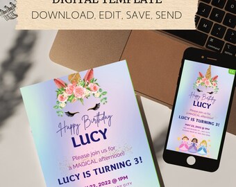 May include: A digital birthday invitation featuring a unicorn with a pink flower crown and eyelashes. The invitation is for Lucy's 3rd birthday and includes the date, time, and location of the party. The text "Happy Birthday Lucy" is written in a purple font.