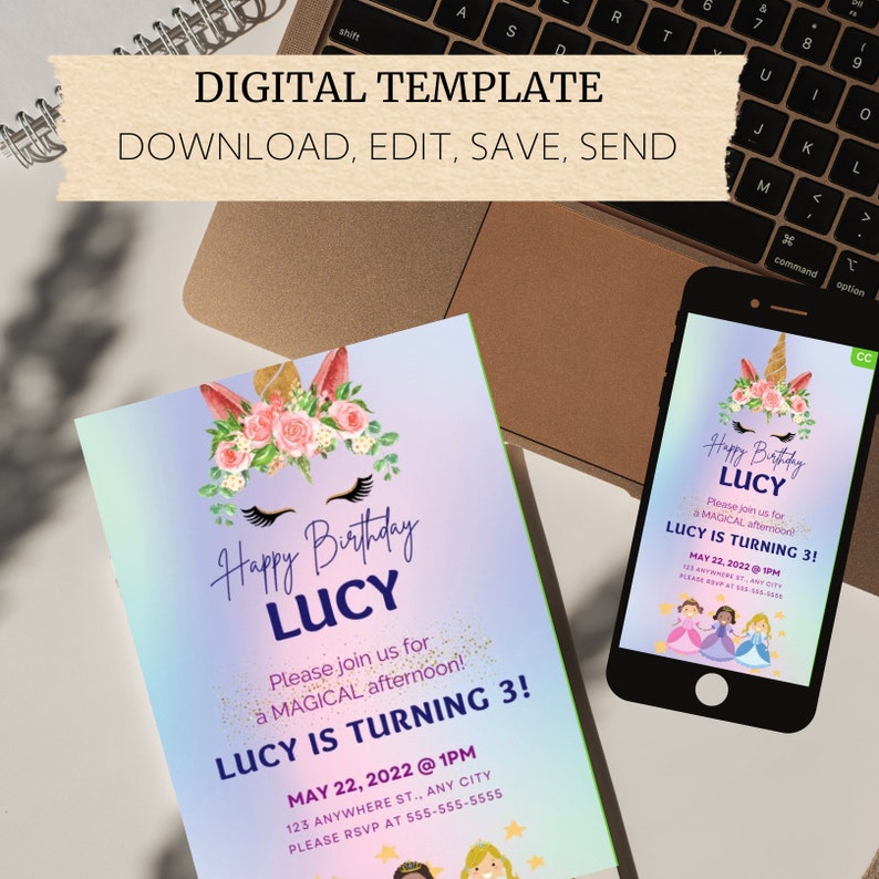 Digital Princess Magic Unicorn Birthday Invitation Template - Etsy