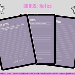 Op de afbeelding: Drie digitale notitieblokken met gelinieerde pagina's en de tekst "YOUR NOTES:" bovenaan het eerste notitieblok. De tekst "BONUS: Notes" staat bovenaan de afbeelding. De notitieblokken bevinden zich op een grijze achtergrond.