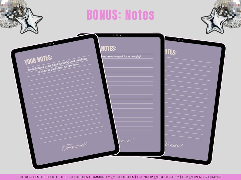 Op de afbeelding: Drie digitale notitieblokken met gelinieerde pagina's en de tekst "YOUR NOTES:" bovenaan het eerste notitieblok. De tekst "BONUS: Notes" staat bovenaan de afbeelding. De notitieblokken bevinden zich op een grijze achtergrond.