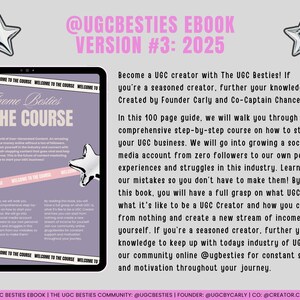 Op de afbeelding: Een roze en grijs digitaal tabletscherm toont de omslag van een e-boek met de titel "Welcome Besties to the Course". De omslag van het e-boek bevat een roze ster en de tekst "@UGCBESTIES EBOOK VERSION #3: 2025". De tekst op het scherm luidt "Word een UGC-maker met The UGC Besties! Als je een doorgewinterde maker bent, breid dan je kennis uit! Gemaakt door oprichter Carly en co-kapitein Chance!"