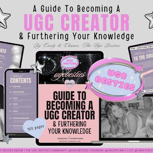 Op de afbeelding: Een roze en blauwe afbeelding met de tekst "UGC Besties" en de woorden "Guide to Becoming a UGC Creator & Furthering Your Knowledge". De afbeelding is omringd door afbeeldingen van discoballen en sterren.