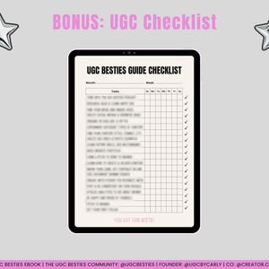 Op de afbeelding: Een zwart-witte checklist met de titel "UGC Besties Guide Checklist" met een raster om taken per maand en week bij te houden. De checklist bevat de tekst "YOU GOT THIS BESTIE!" onderaan.