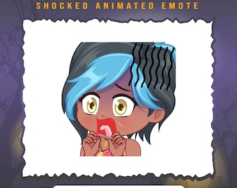 May include: Animated emote featuring a cartoon character with dark skin, blue and black hair, and wide, shocked eyes. The character's mouth is open, and the text "HADDIE SHOCKED ANIMATED EMOTE" is displayed above. The emote is designed for Twitch and Discord.