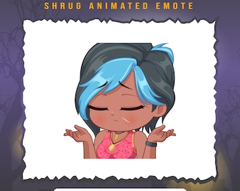May include: Animated emoji of a woman with blue and black hair shrugging. She has brown skin and is wearing a pink tank top with a floral pattern, a gold necklace, and a watch. The text "HADDIE SHRUG ANIMATED EMOTE" is above the image.