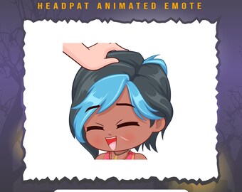 Op de afbeelding: Geanimeerde emote van een cartoonfiguur met blauw en zwart haar, bruine huid en een roze shirt. Het personage glimlacht en heeft zijn ogen dicht. Een hand is te zien die het hoofd van het personage aait.