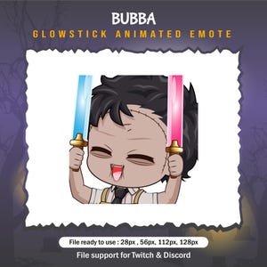 May include: Animated emoji of a cartoon character with stitched-up skin holding two glowing light sticks, one blue and one pink. The character has a wide open mouth and is smiling. The text "BUBBA GLOWSTICK ANIMATED EMOTE" is at the top of the image.