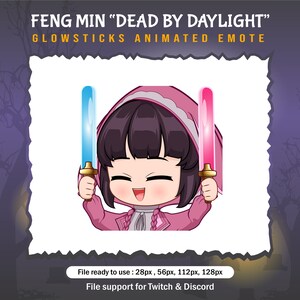May include: Animated emote featuring a cartoon character with pink hair, wearing a pink hooded cloak and holding two glowing blue and pink lightsabers. The text "FENG MIN "DEAD BY DAYLIGHT" GLOWSTICKS ANIMATED EMOTE" is at the top of the image. The text "File ready to use: 28px, 56px, 112px, 128px File support for Twitch & Discord" is at the bottom of the image.