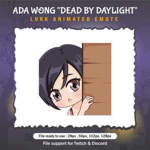 May include: Animated emote featuring Ada Wong from the video game "Dead by Daylight". She is peeking around a wooden corner with a surprised expression.