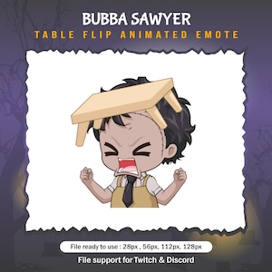 May include: Animated emoji of a cartoon character with stitched skin, wearing a brown apron and a tie, with a wooden table flipped over his head. The character has a distressed expression with his mouth open and eyes wide. The text "BUBBA SAWYER TABLE FLIP ANIMATED EMOTE" is at the top of the image.