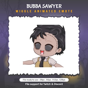 May include: An animated emote featuring a cartoon character with black hair and a stitched head, wearing a tan apron and black tie. The text "BUBBA SAWYER WIGGLE ANIMATED EMOTE" is at the top. The emote is designed for Twitch and Discord.
