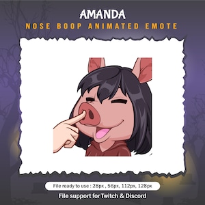 Pode incluir: Emoticon animado de um porco rosa com cabelo preto vestindo um moletom vermelho. Uma mão se estende para fazer um "boop" no nariz do porco. O texto "AMANDA NOSE BOOP ANIMATED EMOTE" está no topo da imagem. O texto "File ready to use: 28px, 56px, 112px, 128px" está na parte inferior da imagem. O texto "File support for Twitch & Discord" está abaixo do texto anterior.