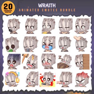 Puede incluir: Un conjunto de 20 emoticonos animados con un personaje de textura de madera. Los emoticonos muestran diversas expresiones, como llanto, sueño e ira. El texto "WRAITH ANIMATED EMOTES BUNDLE" se muestra en la parte superior.