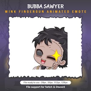May include: Animated emoji of a cartoon character with stitched skin, winking and pointing a finger gun. The character has black hair, a white shirt, and a yellow star over one eye. The text "BUBBA SAWYER WINK FINGERGUN ANIMATED EMOTE" is above the character.