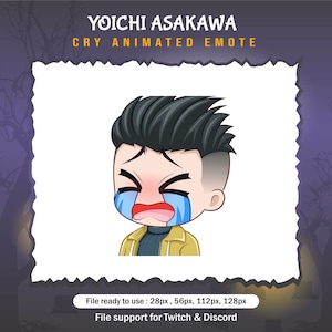 Puede incluir: Emoji animado de un hombre de dibujos animados con cabello negro, que lleva una chaqueta amarilla y un jersey de cuello alto negro, llorando lágrimas azules. El texto "YOICHI ASAKAWA CRY ANIMATED EMOTE" está encima de la imagen. El texto "File ready to use: 28px, 56px, 112px, 128px" está debajo de la imagen. El texto "File support for Twitch & Discord" está debajo del primer texto.