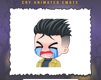 May include: Animated emoji of a cartoon man with black hair, wearing a yellow jacket and a black turtleneck, crying with blue tears. The text "YOICHI ASAKAWA CRY ANIMATED EMOTE" is above the image. The text "File ready to use: 28px, 56px, 112px, 128px" is below the image. The text "File support for Twitch & Discord" is below the first text.