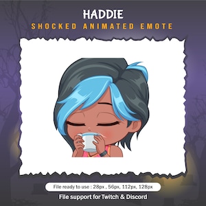 May include: Animated emoticon of a woman with blue and black hair, wearing a pink tank top, with her eyes closed and drinking from a white cup.